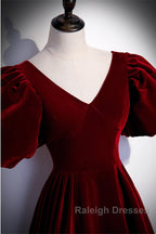Wine Red Velvet Puffy Short Sleeves Party Dress, Velvet Long Bridesmaid Dress