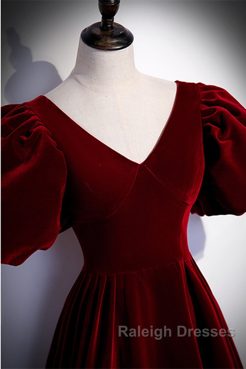 Wine Red Velvet Puffy Short Sleeves Prom Dresses Velvet Long Bridesmaid Dresses