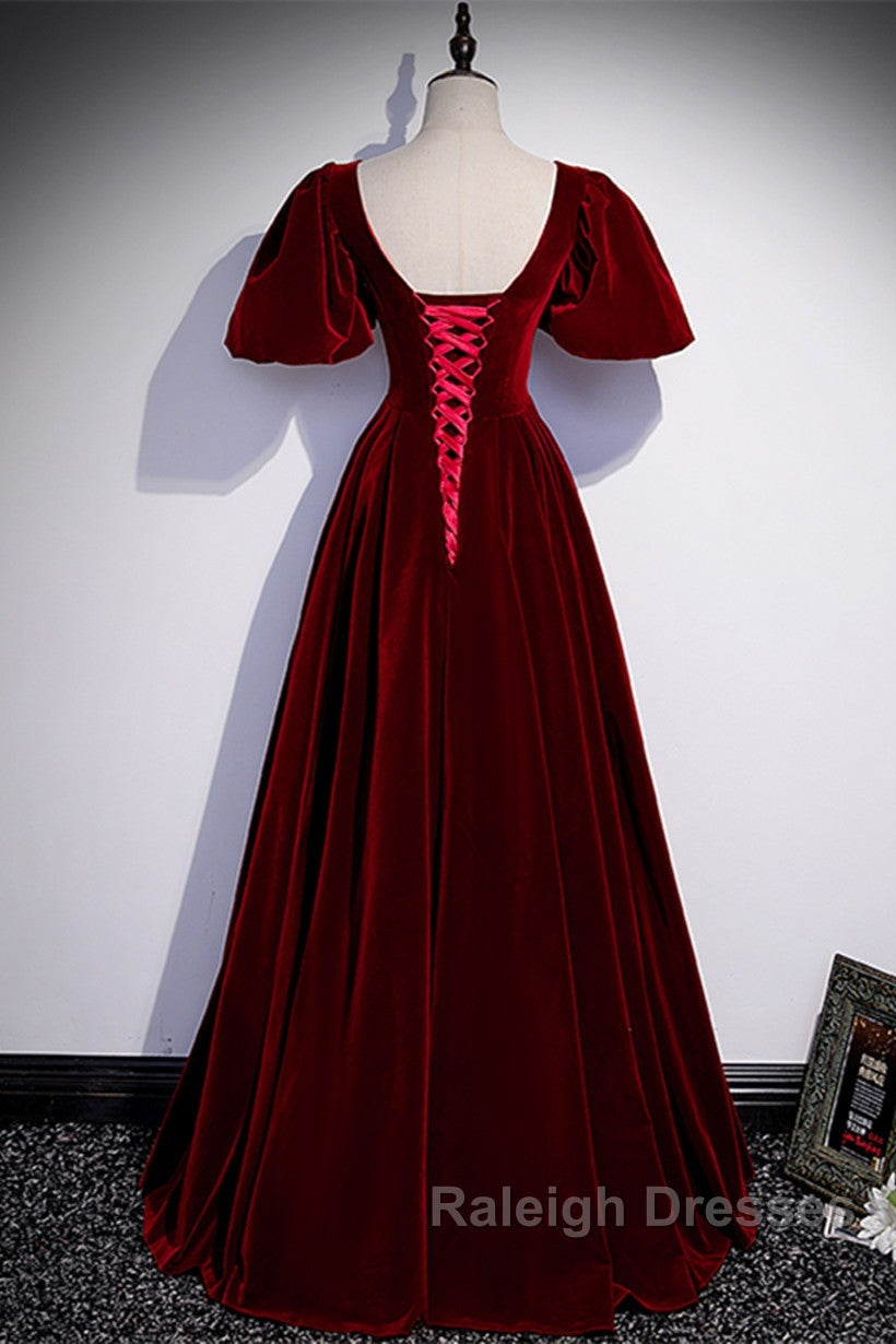 Wine Red Velvet Puffy Short Sleeves Prom Dresses Velvet Long Bridesmaid Dresses