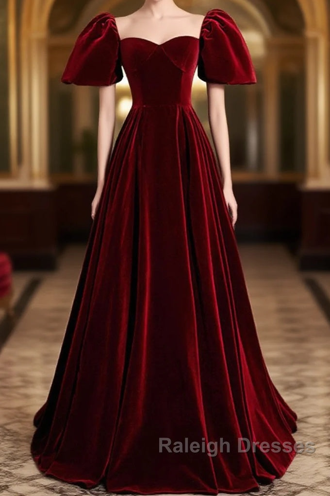 Wine Red Velvet Puffy Short Sleeves Prom Dresses Velvet Long Bridesmaid Dresses