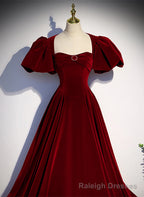 Wine Red Velvet Puffy Sleeves Long Prom Dress, Wine Red Long Prom Dress