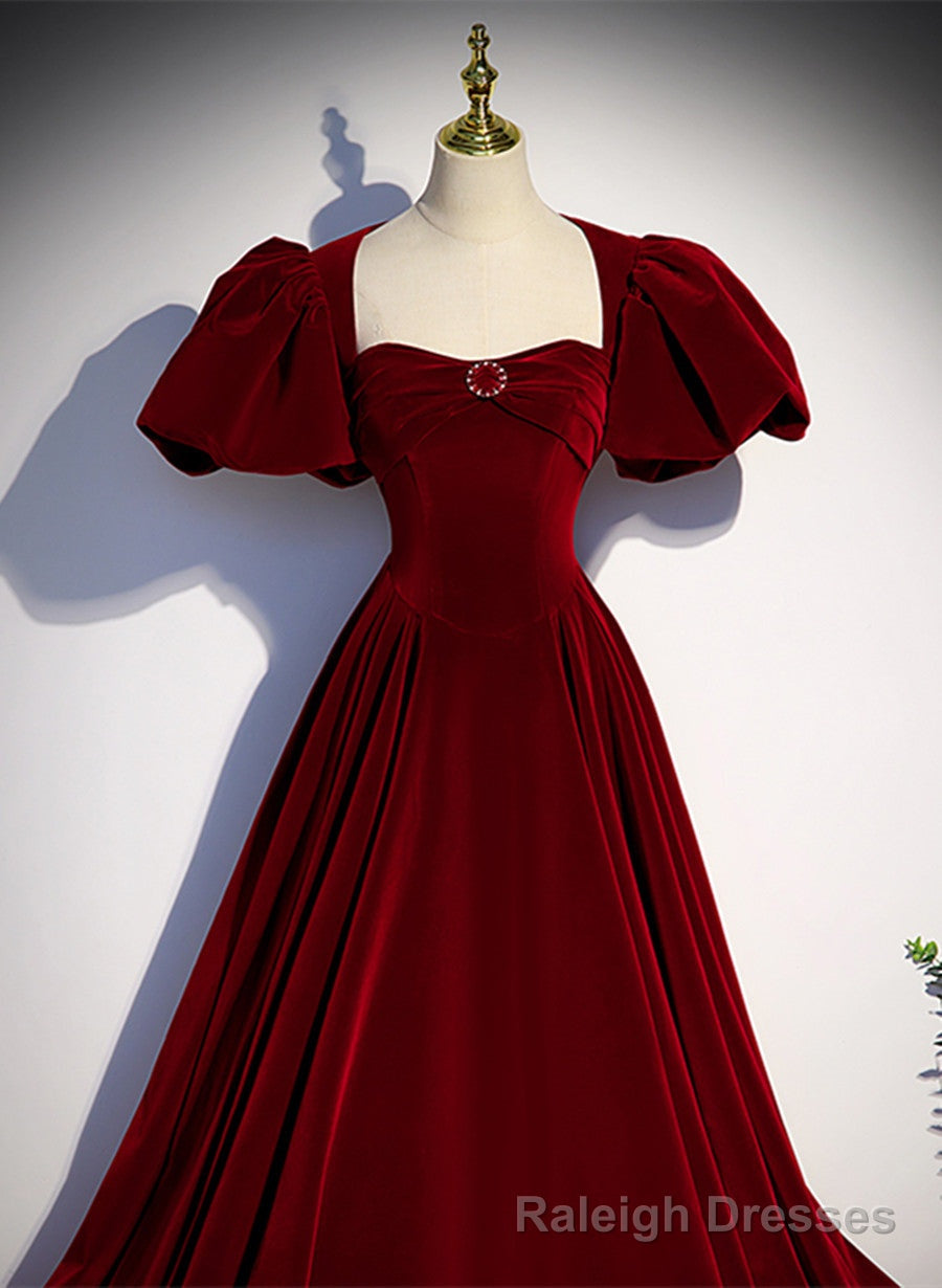 Wine Red Velvet Puffy Sleeves Long Prom Dress, Wine Red Long Prom Dress