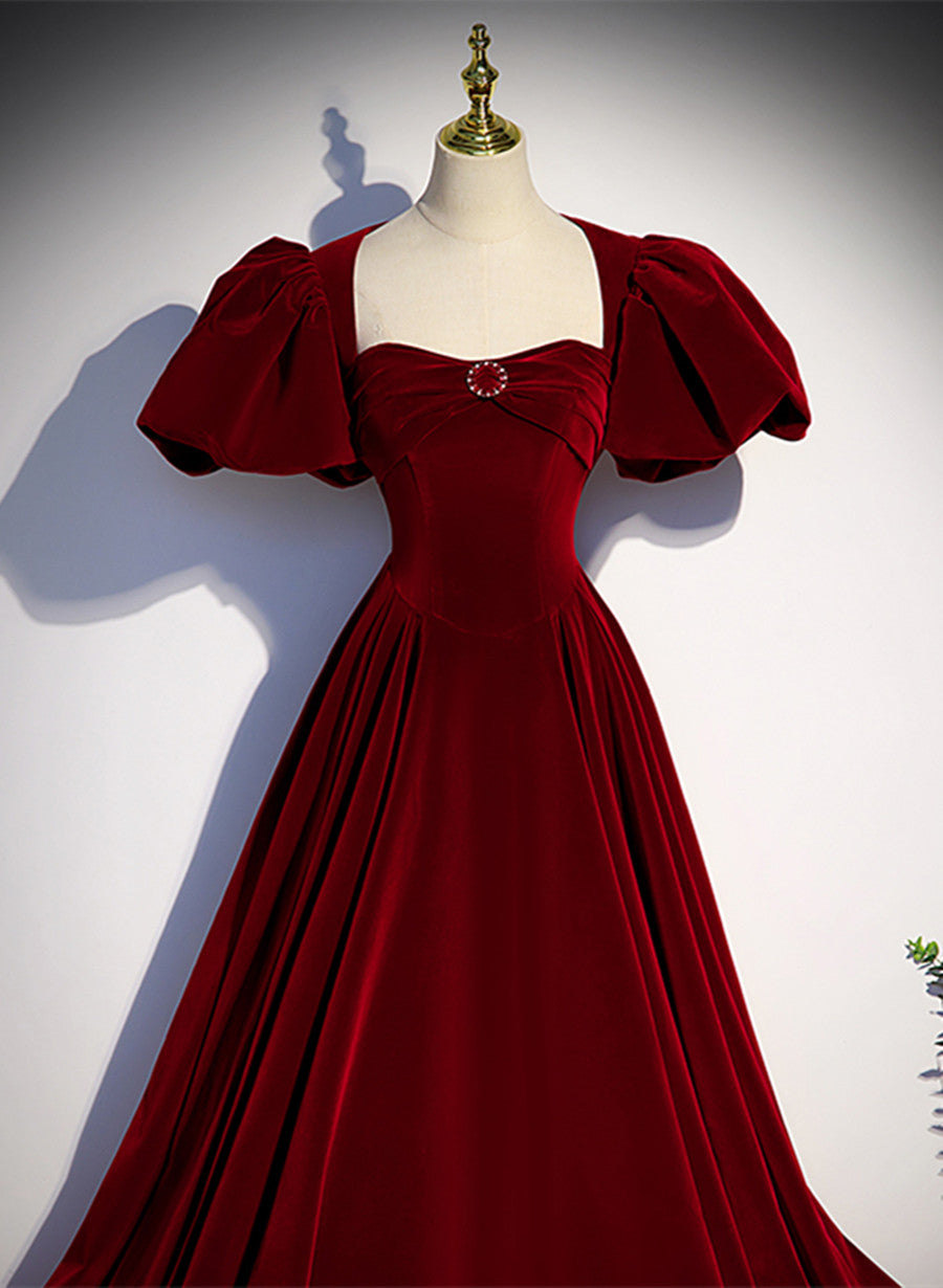 Wine Red Velvet Puffy Sleeves Long Prom Dresses Wine Red Long Prom Dresses