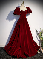 Wine Red Velvet Puffy Sleeves Long Prom Dresses Wine Red Long Prom Dresses