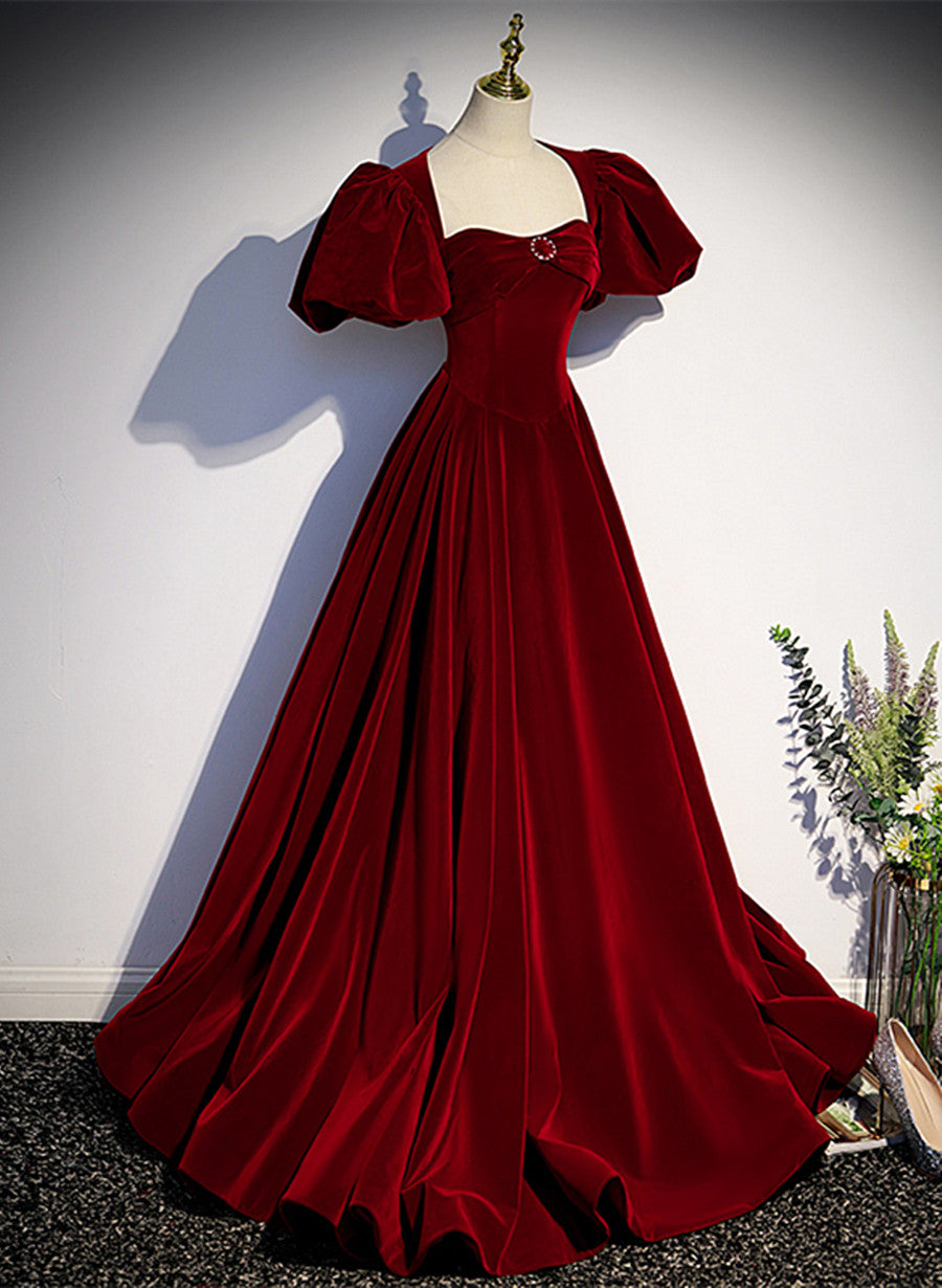 Wine Red Velvet Puffy Sleeves Long Prom Dresses Wine Red Long Prom Dresses