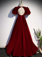 Wine Red Velvet Puffy Sleeves Long Prom Dresses Wine Red Long Prom Dresses