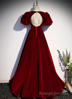 Wine Red Velvet Puffy Sleeves Long Party Dress, Wine Red Long Prom Dress