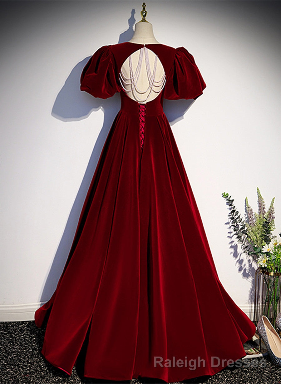 Wine Red Velvet Puffy Sleeves Long Party Dress, Wine Red Long Prom Dress
