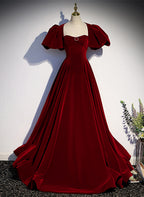 Wine Red Velvet Puffy Sleeves Long Prom Dresses Wine Red Long Prom Dresses