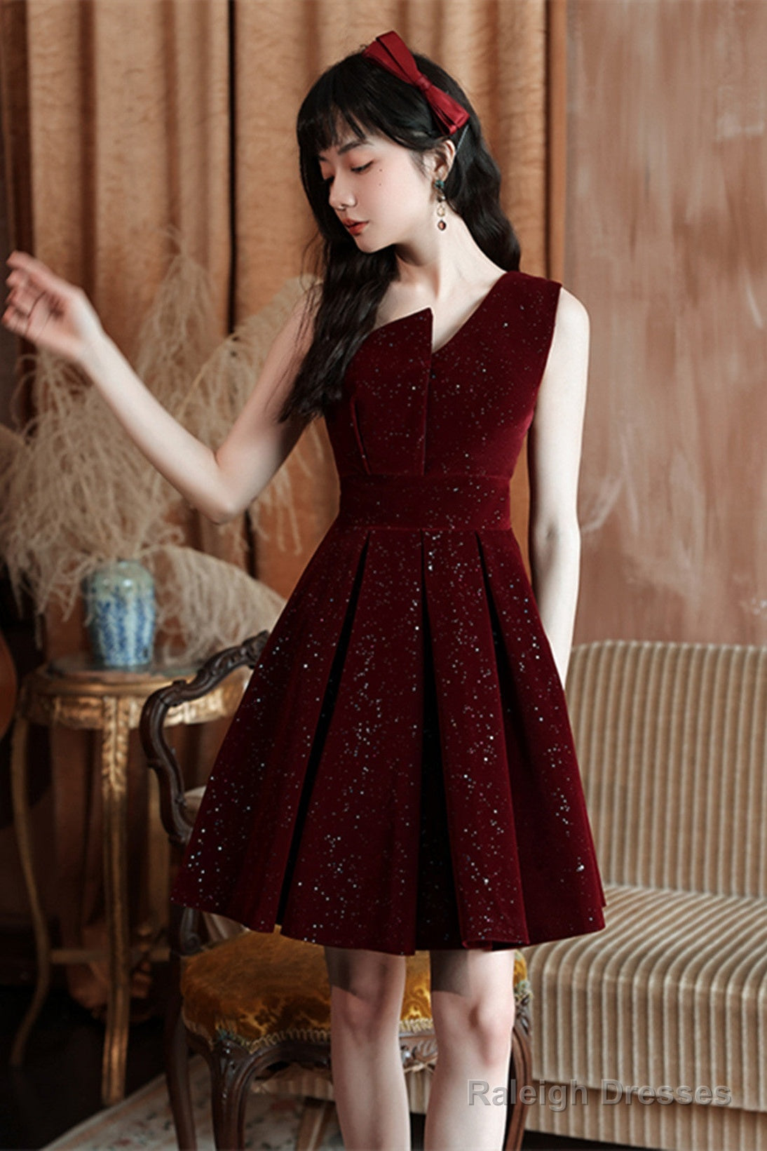 Wine Red Velvet Short Party Dress Homecoming Dress, Wine Red Bridesmaid Dress Secondary image