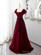 Wine Red Velvet Short Sleeves A Line Prom Dress, Wine Red Long Prom Dress