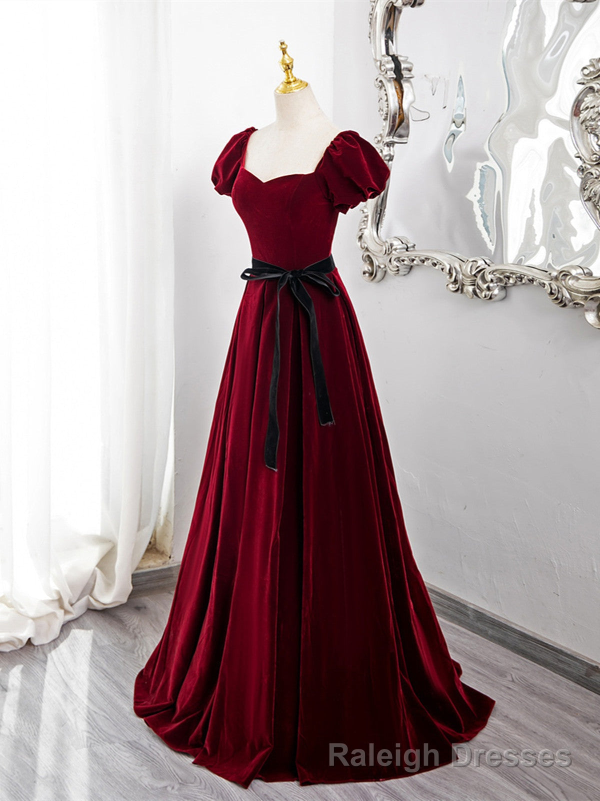 Wine Red Velvet Short Sleeves A Line Prom Dress, Wine Red Long Prom Dress