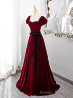 Wine Red Velvet Short Sleeves A-line Prom Dress, Wine Red Long Party Dress