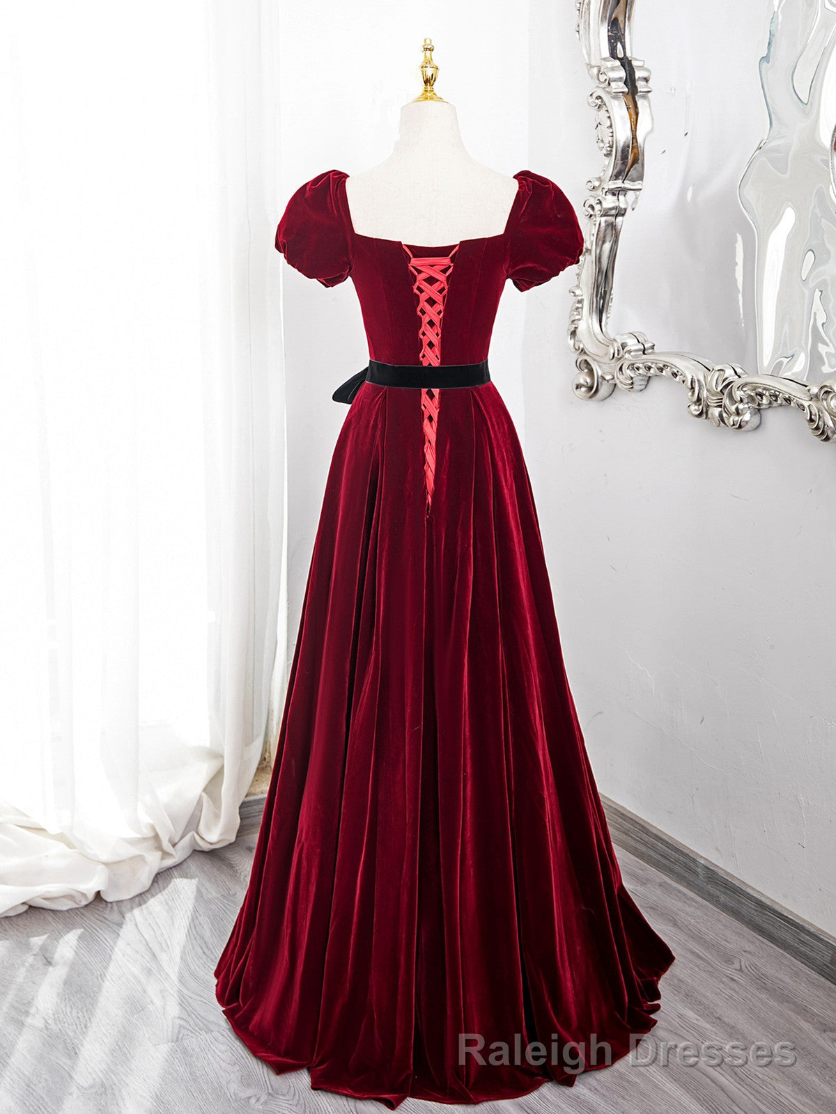 Wine Red Velvet Short Sleeves A-line Prom Dress, Wine Red Long Party Dress