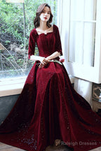 Wine Red Velvet Short Sleeves Long Formal Dress, A-Line Wine Red Prom Dress