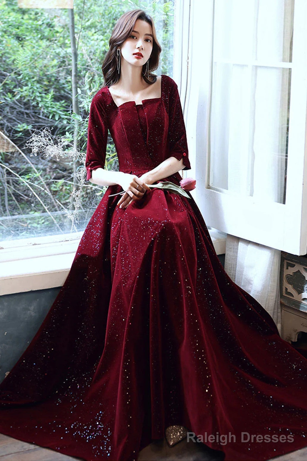 Wine Red Velvet Short Sleeves Long Formal Dress, A-Line Wine Red Prom Dress