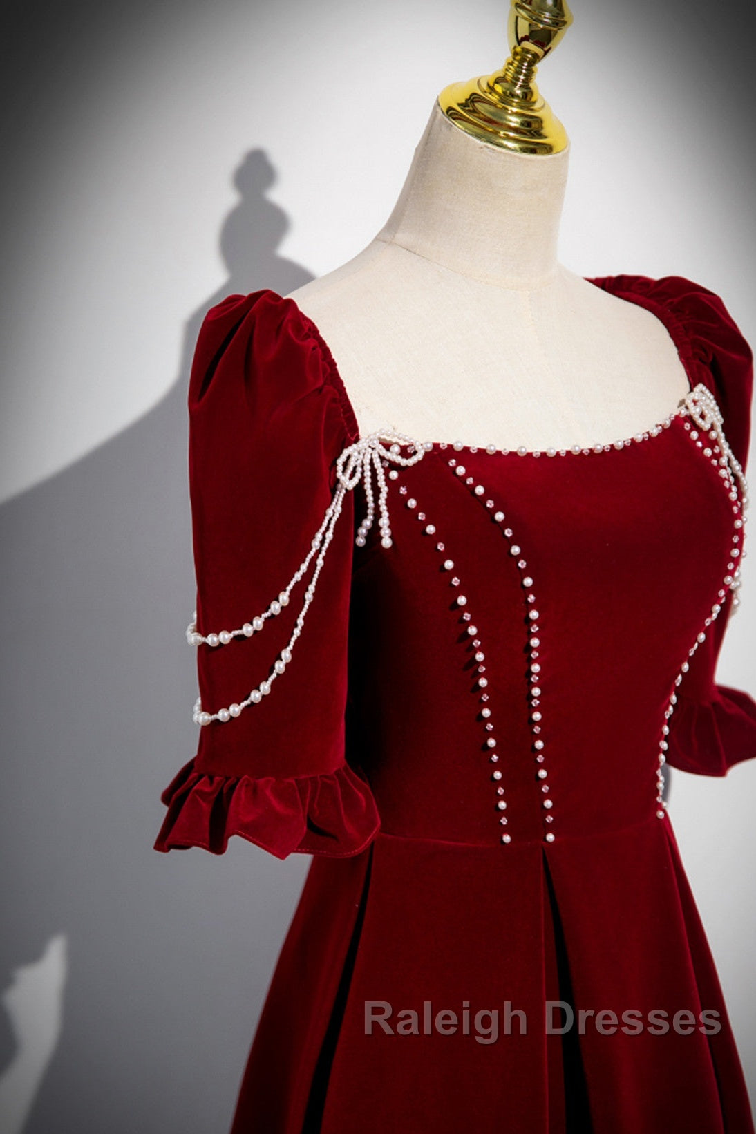 Wine Red Velvet Short Sleeves Long Prom Dresses Wine Red A-Line Prom Dresses Secondary image