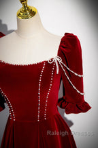 Wine Red Velvet Short Sleeves Long Prom Dress, Wine Red A-Line Evening Dress
