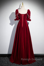 Wine Red Velvet Short Sleeves Long Prom Dress, Wine Red A-Line Evening Dress