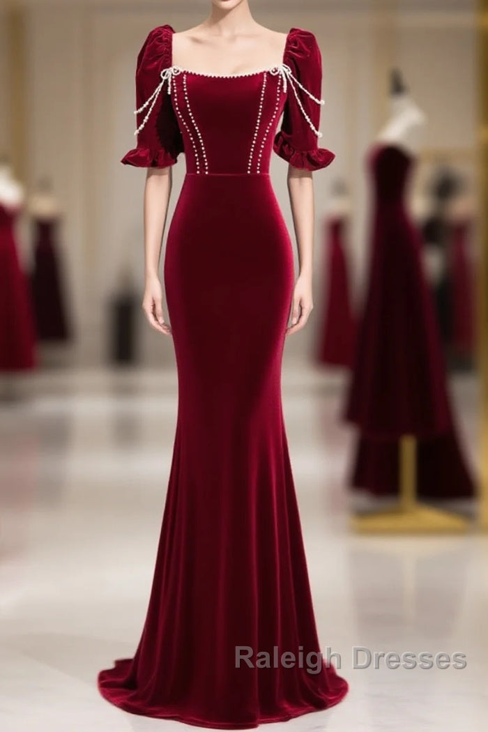 Wine Red Velvet Short Sleeves Long Prom Dresses Wine Red A-Line Prom Dresses