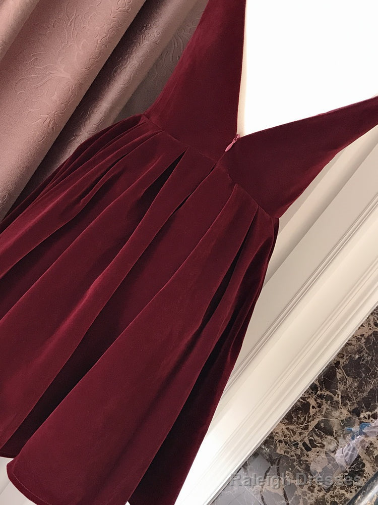 Wine Red Velvet Short V Back Homecoming Dresses Prom Dresses Dark Red Short Prom Dresses