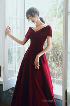Wine Red Velvet Simple A-Line Long Wedding Party Dress, Wine Red Evening Dress