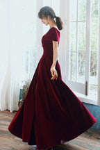 Wine Red Velvet Simple A-Line Long Wedding Party Dress, Wine Red Evening Dress