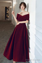 Wine Red Velvet Simple A-Line Long Wedding Party Dress, Wine Red Evening Dress