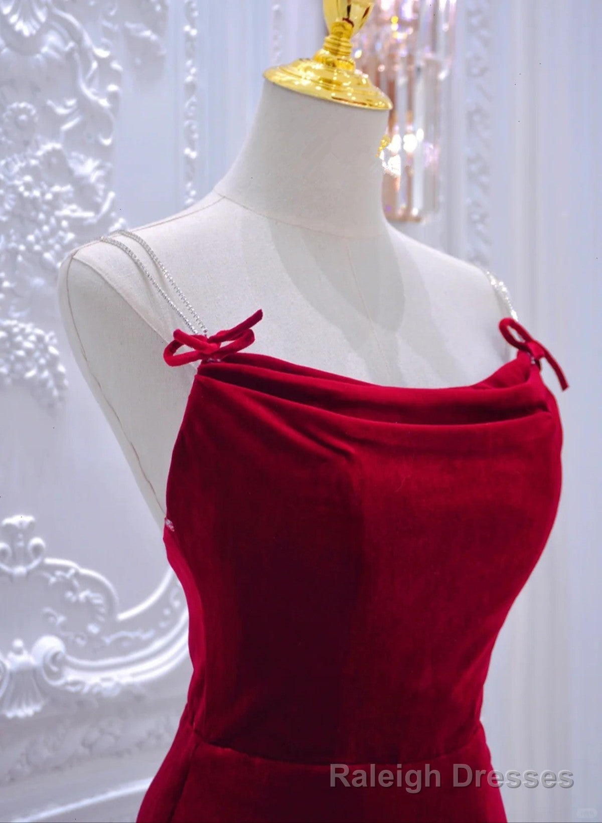 Wine Red Velvet Straps Cross Back Long Prom Dress, Wine Red Velvet Prom Dress Secondary image