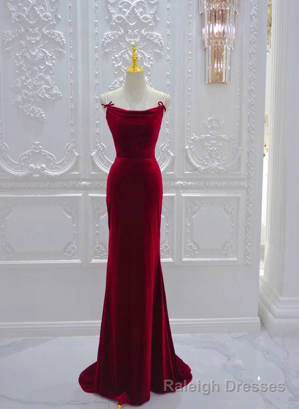 Wine Red Velvet Straps Cross Back Long Party Dress, Wine Red Velvet Prom Dress Main image