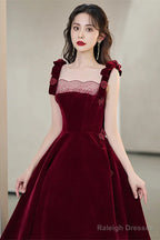 Wine Red Velvet Straps Flowers Lace-Up Long Prom Dresses Wine Red Long Prom Dresses