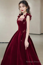 Wine Red Velvet Straps Flowers Lace-Up Long Prom Dresses Wine Red Long Prom Dresses