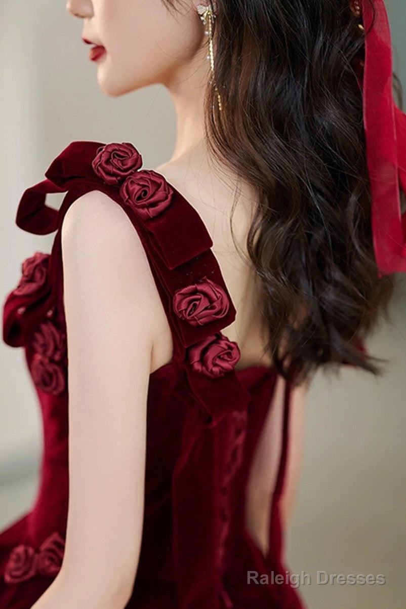 Wine Red Velvet Straps Flowers Lace-Up Long Prom Dresses Wine Red Long Prom Dresses