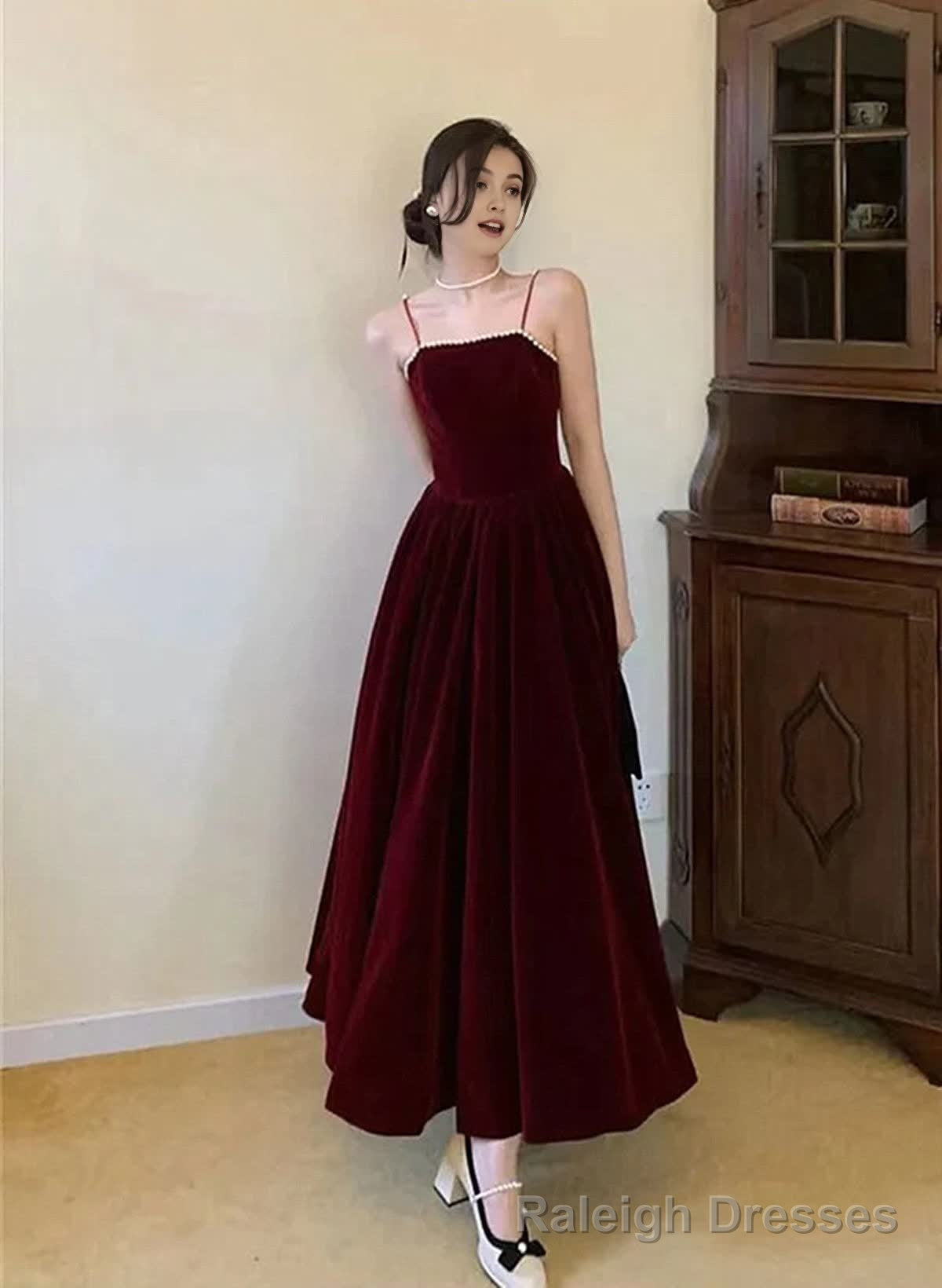 Wine Red Velvet Straps Long Prom Dress, Wine Red Velvet Prom Dress Secondary image