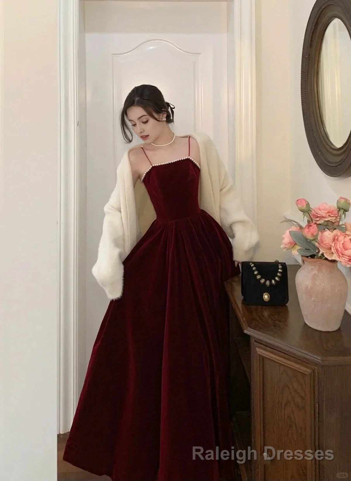 Wine Red Velvet Straps Long Prom Dress, Wine Red Velvet Prom Dress Main image