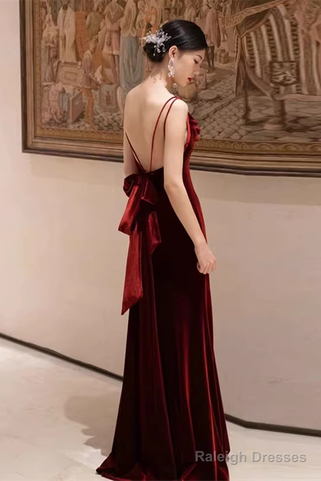 Wine Red Velvet Straps Low Back Long Wedding Party Dress, Wine Red Prom Dress Formal Dress Main image