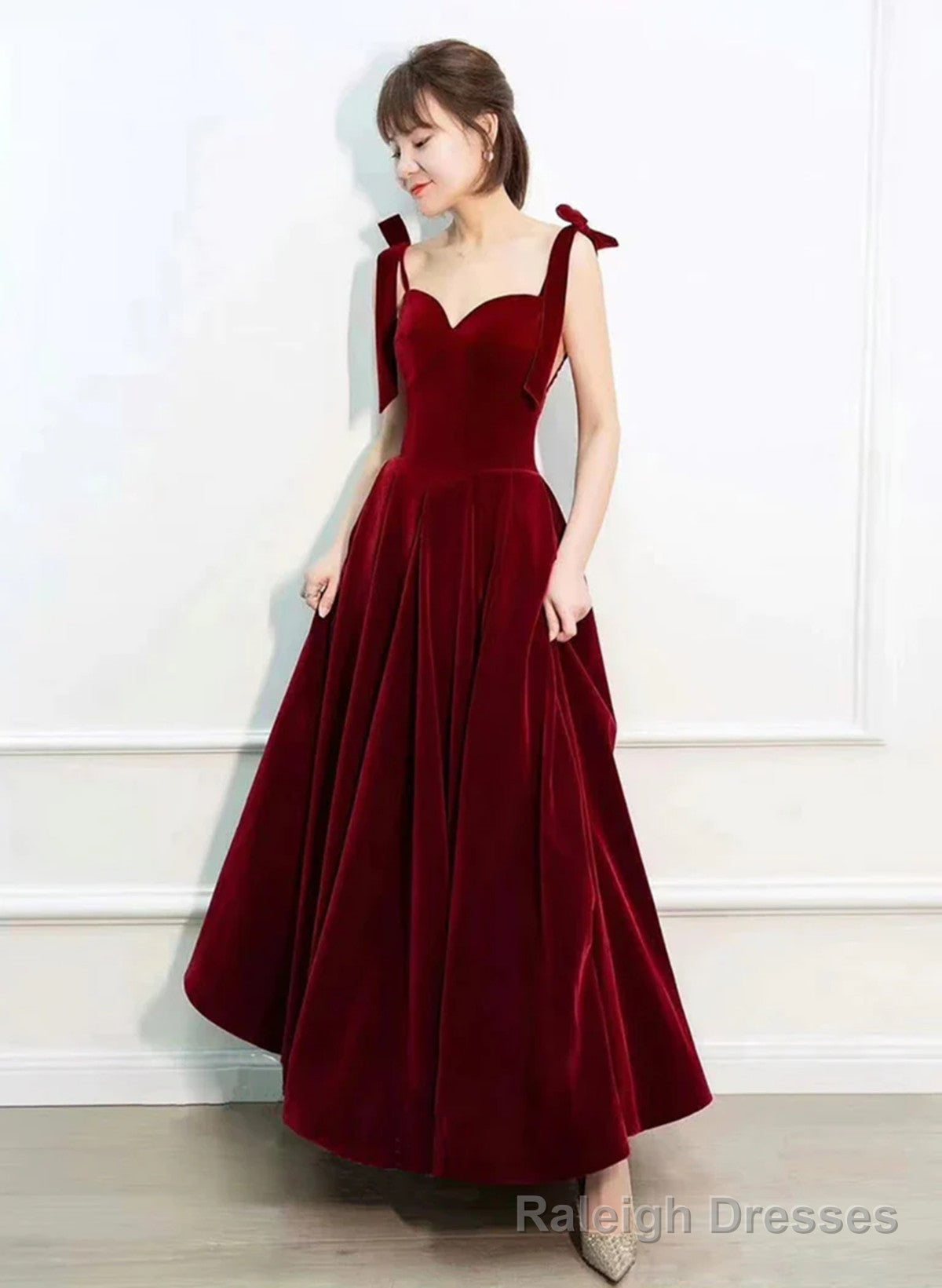 Wine Red Velvet Straps Sweetheart Long Prom Dress, Wine Red Velvet Prom Dress Main image