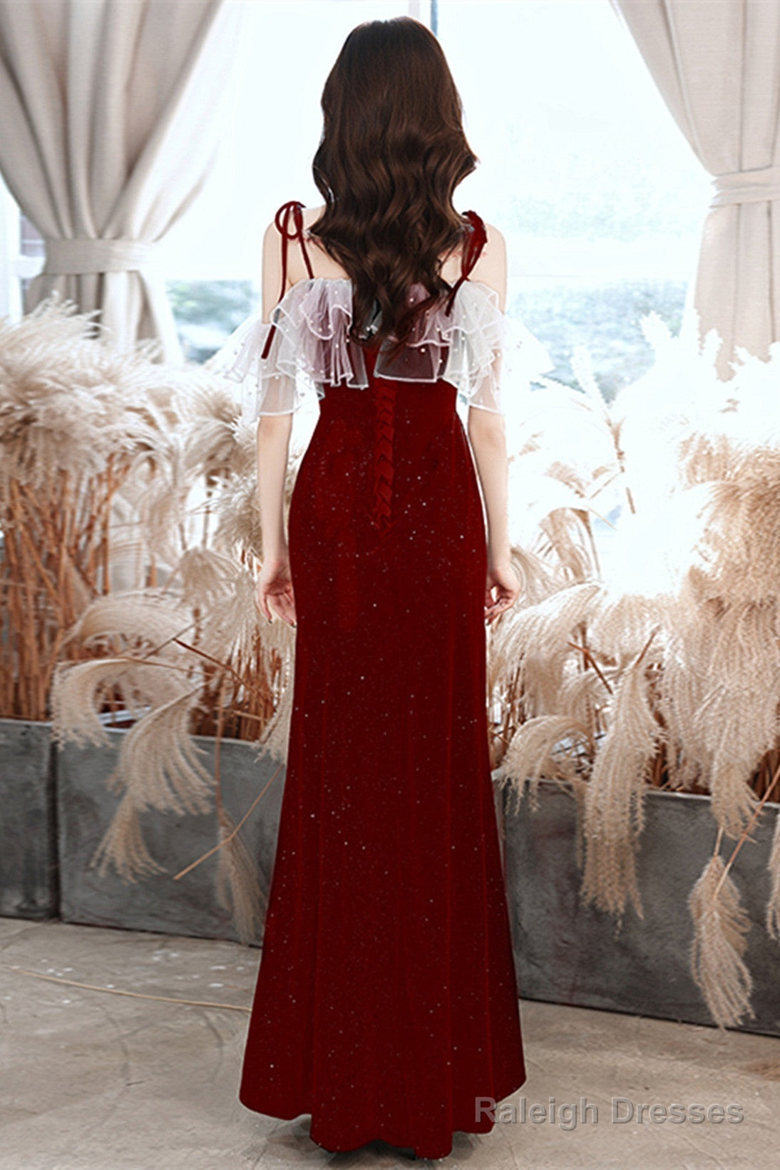 Wine Red Velvet Straps Wedding Party Dress, Wine Red Lace-Up Evening Dress