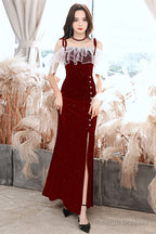 Wine Red Velvet Straps Wedding Party Dress, Wine Red Lace-Up Evening Dress