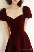Wine Red Velvet Sweetheart Long Party Dress, A-Line Wine Red Prom Dress