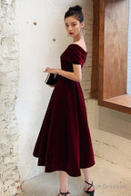 Wine Red Velvet Tea Length Chic Off Shoulder Party Dress, Burgundy Prom Dresses