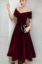 Wine Red Velvet Tea Length Chic Off Shoulder Party Dress, Burgundy Prom Dresses