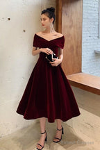 Wine Red Velvet Tea Length Chic Off Shoulder Party Dress, Burgundy Prom Dresses