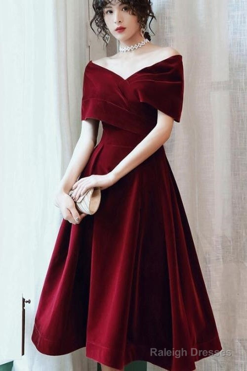 Wine Red Velvet Tea Length Homecoming Dresses Dark Red Prom Dress