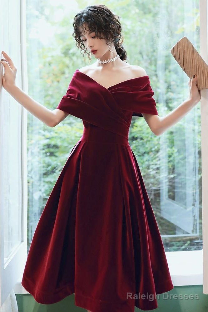 Wine Red Velvet Tea Length Homecoming Dress, Dark Red Party Dresses