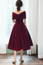 Wine Red Velvet Tea Length Homecoming Dress, Dark Red Party Dresses