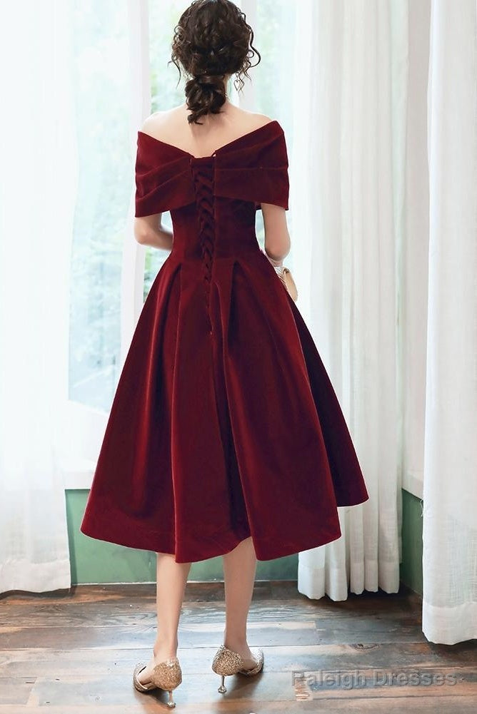 Wine Red Velvet Tea Length Homecoming Dress, Dark Red Party Dresses