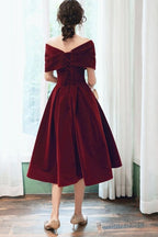 Wine Red Velvet Tea Length Homecoming Dresses Dark Red Prom Dress
