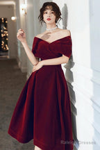 Wine Red Velvet Tea Length Homecoming Dress, Dark Red Party Dresses