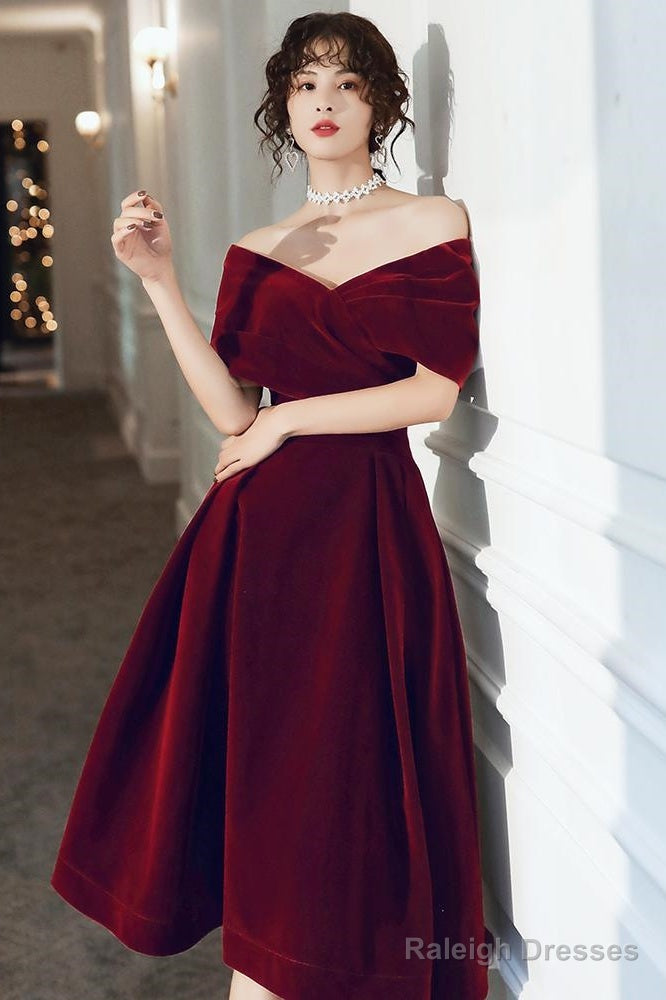 Wine Red Velvet Tea Length Homecoming Dress, Dark Red Party Dresses